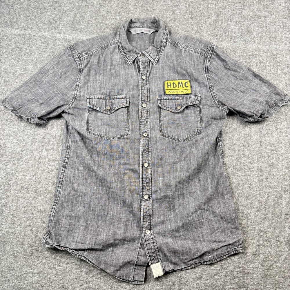Harley-Davidson Shirt Mens Medium Gray HDMC Loud Proud Western Motorcycle Button